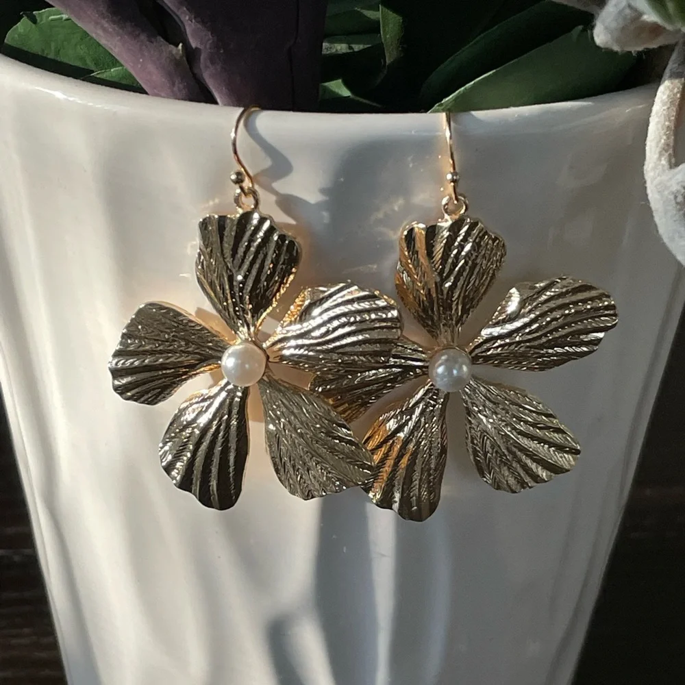 Goldtone Floral Faux Pearl Earrings | Classic Elegance Quiet Luxury - Picture 4 of 15
